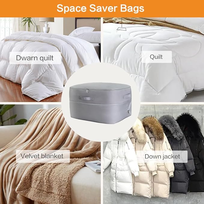 Geernioy Ultra Space Saving Self Compression Storage Bags with Zipper, (Grey) -Compression Organize for Bedding, Comforter Storage Bag for Blankets Duvet Quilts Pillows