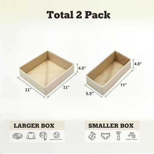 Drawer Organizer 2 Pack - Foldable Storage Bins for Underwear, Socks & Bras - Khaki Fabric Closet Dividers