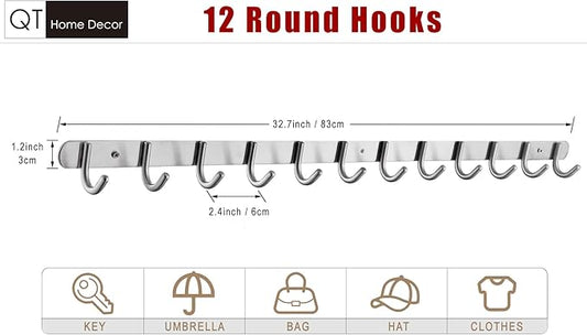 QT Home Decor Hook/Coat Rack with 12 Round Hooks-Modern Wall Mounted - Ultra Durable with Solid Steel Construction,Brushed Stainless Steel Finish,Super Easy Installation,Rust and Water Proof.
