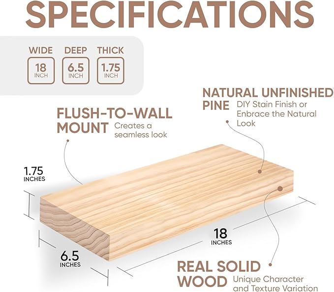 Homeforia 18 inch Wood Floating Shelves, High End Solid Natural Wood 18inch Floating Shelf for Wall Mounted, Unfinished Wooden 18in Floating Shelves, Heavy Duty Bracket, 18 X 6.5 X 1.75 inch, Set of 2