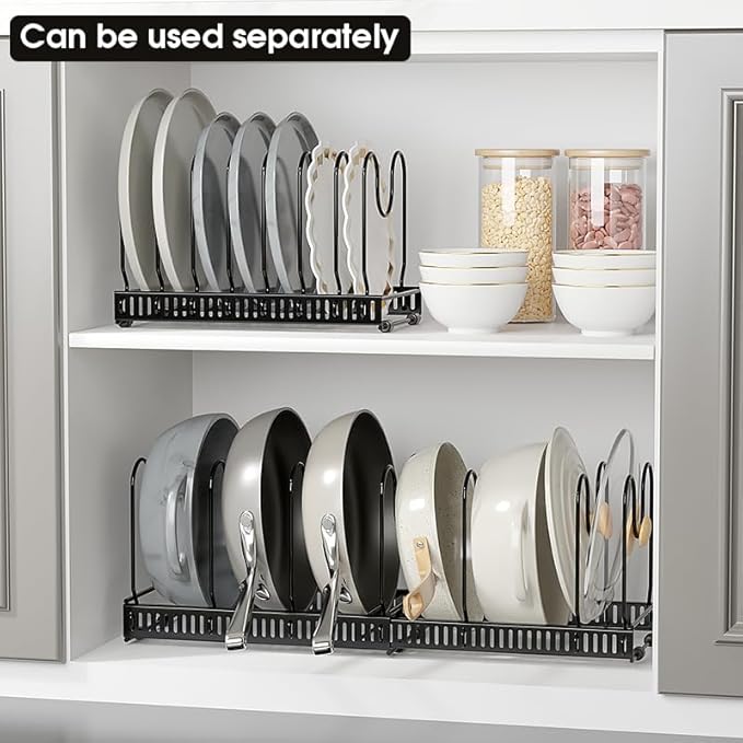 WUETOAYA Expandable Pots and Pans Organizer Rack, Pot Lid Kitchen Cabinet Organizer Holder with 10 Adjustable Compartment, Cookware Rack for Kitchen Cabinet Storage, Black