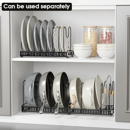 WUETOAYA Expandable Pots and Pans Organizer Rack, Pot Lid Kitchen Cabinet Organizer Holder with 10 Adjustable Compartment, Cookware Rack for Kitchen Cabinet Storage, Black