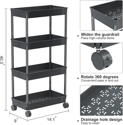 Sooyee 4 Tier Wide Storage Cart Mobile Shelving Unit Organizer Slide Out Storage Rolling Utility Cart Tower Rack for Kitchen Bathroom Laundry, Plastic & Stainless Steel,Black