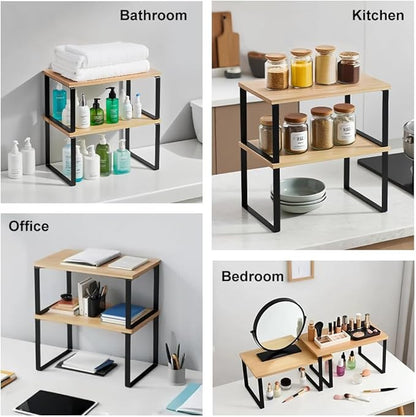 Kitchen Cabinet Organizer Shelf, Set of 2 Stackable Counter Shelves, Small Wood Cabinet Riser Shelf for Pantry Cupboard Spice Dish Mug Cup, Expandable, Metal Engineered Wood (Beige & Black, 11.7''W)
