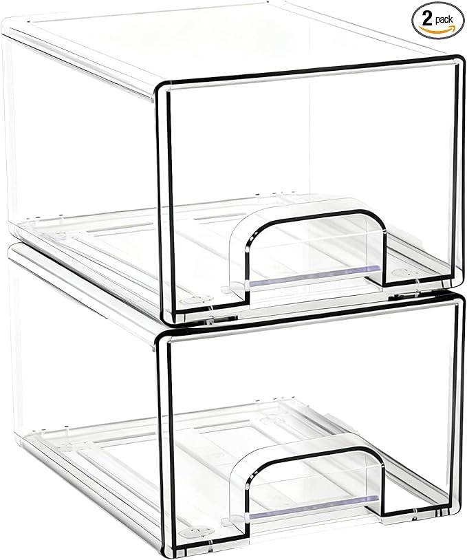 Stowgo Acrylic Drawers Stackable Organizers, 2 Pack Clear Storage Bins for Bathroom Vanity & Countertop, Non-Slip Container for Makeup, Skincare, Hair Accessories & Toiletries