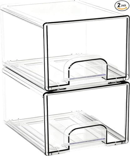 Stowgo Acrylic Drawers Stackable Organizers, 2 Pack Clear Storage Bins for Bathroom Vanity & Countertop, Non-Slip Container for Makeup, Skincare, Hair Accessories & Toiletries
