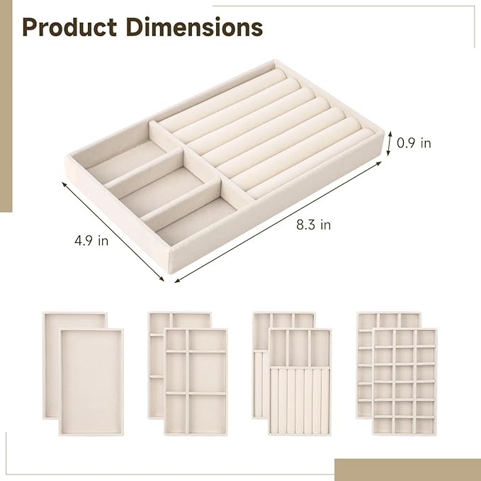 8 Pcs Jewelry Drawer Organizers, Velvet Jewelry Trays for Drawer, Stackable Jewelry Trays Ideal for Rings, Earrings, Bracelets, Necklaces, Grey (Beige)