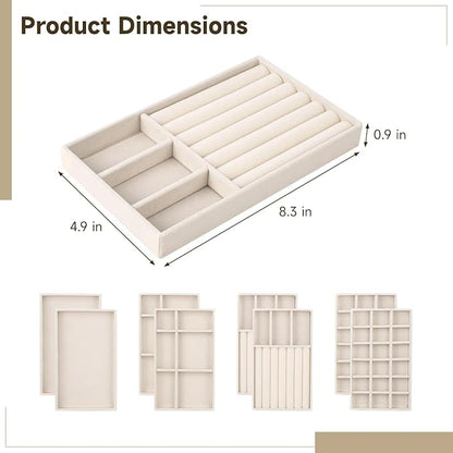 8 Pcs Jewelry Drawer Organizers, Velvet Jewelry Trays for Drawer, Stackable Jewelry Trays Ideal for Rings, Earrings, Bracelets, Necklaces, Grey (Beige)