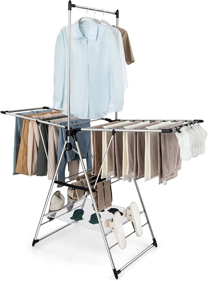 Tangkula 2-Layer Stainless Steel Drying Rack, Foldable Laundry Rack w/ 1 Hanging Bar & 2 Height-Adjustable Wings, 23 Drying Rails, Netting Clothe Drying Rack, No Assembly Required