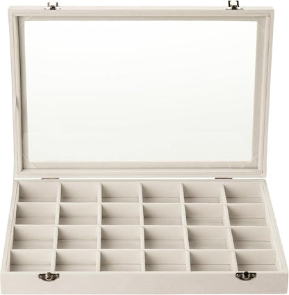 Frebeauty Velvet Jewelry Tray,24 Grid Jewelry Organizer with Clear Lid,Earring Holder Organizer with Clasp,Drawer Insert Rings Pendants Brooches,13.8 x 9.5 x 2 Inches,Gift for Women Girls(Beige)