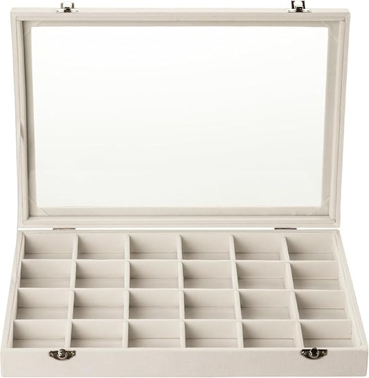 Frebeauty Velvet Jewelry Tray,24 Grid Jewelry Organizer with Clear Lid,Earring Holder Organizer with Clasp,Drawer Insert Rings Pendants Brooches,13.8 x 9.5 x 2 Inches,Gift for Women Girls(Beige)
