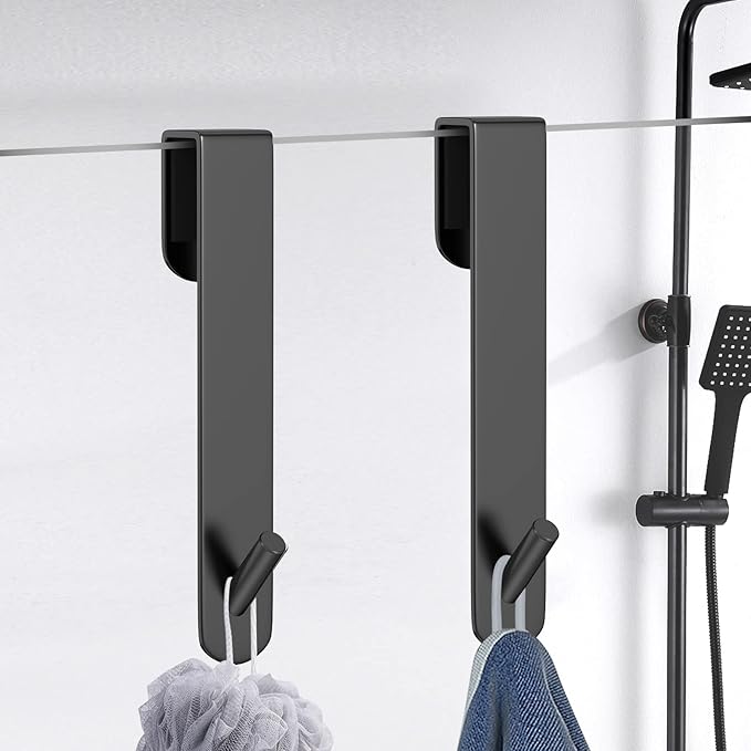 KITHOLD Shower Door Hook, Extended Length Frameless Shower Door Hook (7 Inches), Heavy-Duty Bathrobe Towel Stainless Steel Hook, No Drilling or Adhesive Required, 2-Pack,Black