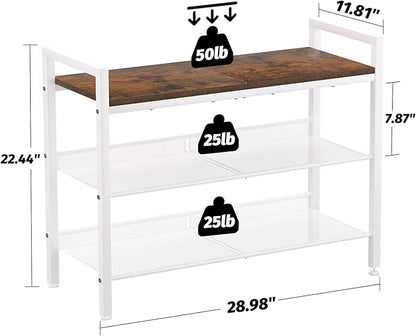 Shoe Rack for Front Door Entrance, 3 Tier Shoe Rack for Entryway, Shoe Shelf for Closet, Metal Shoe Racks Organizer with Sturdy Wooden Top & Steel Frame,(White+Beige)