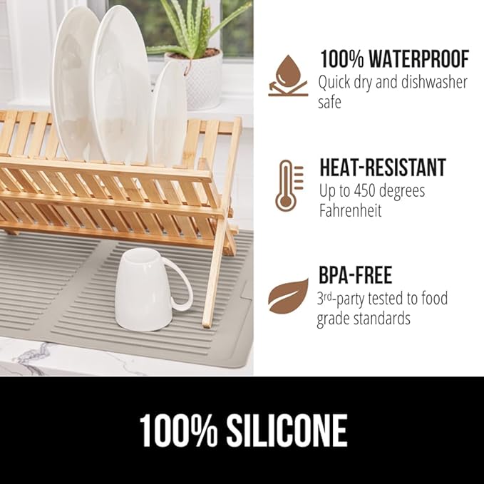 GORILLA GRIP 100% BPA-Free Patented Silicone Dish Drying Mat for Kitchen Counter, Water Catching Ribbed Design, Easy Clean Waterproof Sink Liner, Heat Resistant, Fits Under Rack, 11x13 Inch, Almond