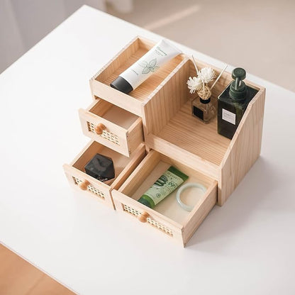 GYASVWU Bamboo Desk Organizer-No Assembly Required,Mini Bamboo Desk Drawer Organizer,Tabletop Storage Box for Office/kitchen counter/Bedroom, No Assembly Required (3 Drawer with Shelf)