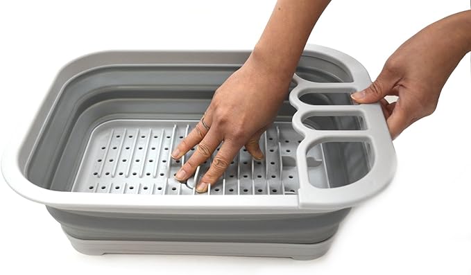 SAMMART Collapsible Dish Drainer with Drainer Board - Foldable Drying Rack Set - Portable Dinnerware Organizer - Space Saving Kitchen Storage Tray (1, Grey)