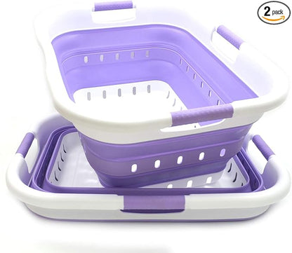 SAMMART 41L (10.8 gallon) Set of 2 Collapsible 3 Handled Plastic Laundry Basket-Foldable Pop Up Storage Container/Organizer-Space Saving Hamper/Basket (2, White/Lt. Purple)