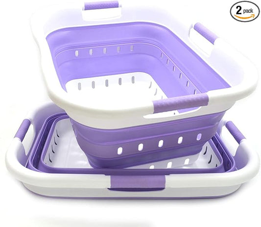 SAMMART 41L (10.8 gallon) Set of 2 Collapsible 3 Handled Plastic Laundry Basket-Foldable Pop Up Storage Container/Organizer-Space Saving Hamper/Basket (2, White/Lt. Purple)