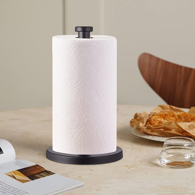 Black Standing Paper Towel Holder for Kitchen& Bathroom Countertop,Under Counter, Table Or BBQ, Standard or Jumbo-Sized Roll Paper (with Stainless Steel Base)