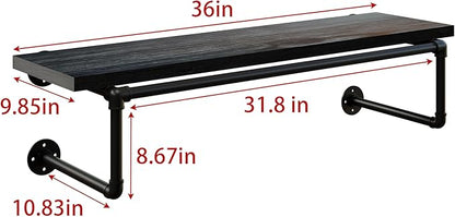 Clothes Rack 36in, Wall Mounted Garment Racks with Real Black Wood Shelf, Heavy Duty Hanging Clothes Rack, Multi-Purpose Hanging Rod, Space-Saving Closet Storage