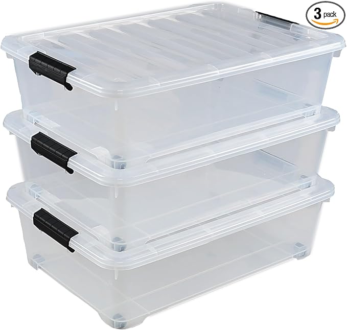 Zopnny 25 Quart Plastic Under Bed Storage Organizer Bin Container with Secure Lids and Durable Buckles, Clear, 3 Pack