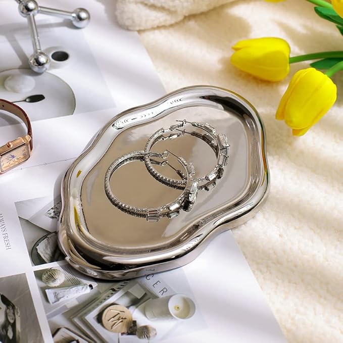 CESTATIVO Jewelry Dish Tray, Ring Dish, Ceramic Trinket Small Key Mother's Day, Christmas, Thanksgiving, Birthday Gift for Mother Daughter Friends Silver