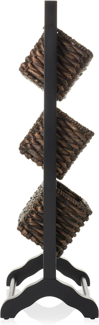 Casafield 3-Tier Floor Stand with Water Hyacinth Storage Baskets, Black/Espresso - Standing Organizer Rack for Bathroom, Kitchen, Laundry, Living Room
