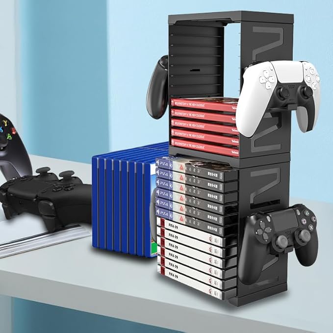 Video Game Storage Tower for PS5 PS4 Xbox Nintendo Switch Games, Universal Discs Organizers 24 PCS with 4 Controllers Holder, Disk Box Stand Rack Accessories