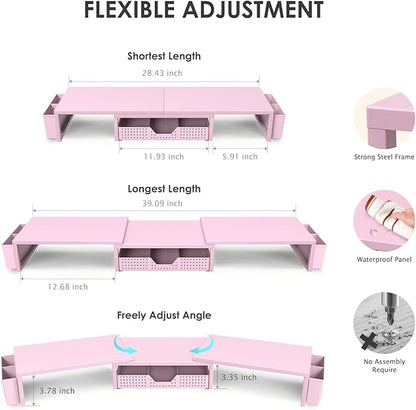 OPNICE Pink Desk Organizers and Accessories for Women, Dual Computer Monitor Stand Riser with Drawer and 2 Pen Holders, Office Desk Accessories, Workspace Desktop Organization for Office Supplies