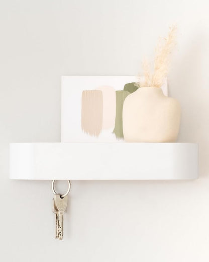 Kazai.® Key Holder 'Toke' | Minimalist Key Hook Design from Berlin | Modern Key Holder Wall Mount with Wooden Shelf | Key Rack for Wall as Entryway Organizer | White