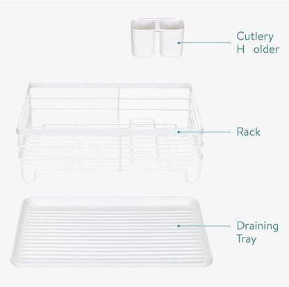 Navaris Dish Drainer Rack - Plate, Cutlery, Pots and Pans Drying Rack for Kitchen - Modern Retro Design Drip Tray with Metal Rack - White