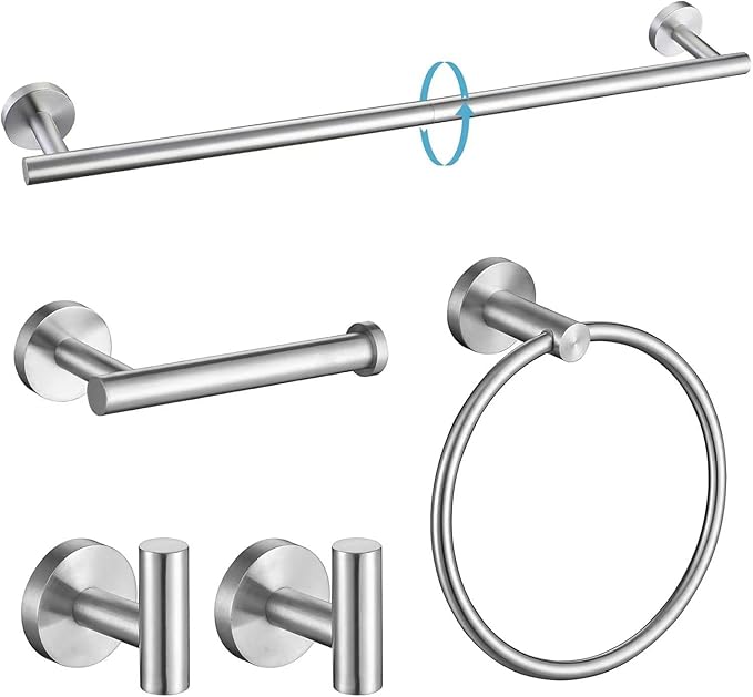 5Pcs Brushed Nickel Bathroom Hardware Towel Bar Accessories Set 23.6 Inch SUS304 Stainless Steel Bath Towel Racks with Toilet Paper Holder Shelf for Bathroom Kitchen Wall Mounted, Middle Removable