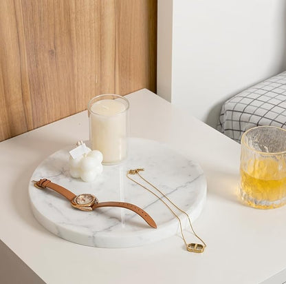 Natural Marble Decorative Tray for Bathroom Bedroom Kitchen Dresser, 9.8” Round Vanity Trays for Jewelry, Perfume, Cosmetic, Candle, Countertop Storage Organizer for Home Decor White, Arabescato