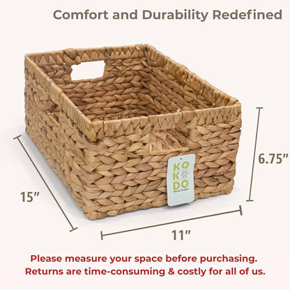KOKODO 15"Lx11"W Large Rectangular Water Hyacinth Wicker Storage Baskets with Handles and Metal Frame, Stylish and Durable Handwoven Bin for Space-saving Room Organizing or Decorative Wicker Basket