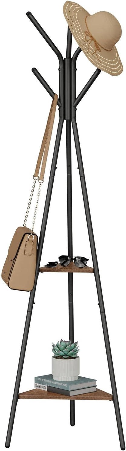 VASAGLE Coat Rack Freestanding, Coat Hanger Stand, Hall Tree with 2 Shelves, for Clothes, Hat, Bag, Industrial Style, Hazelnut Brown and Black