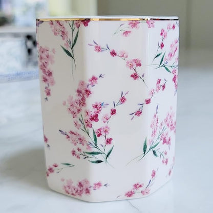 Pen Holder Stand for Desk Floral Pattern Pencil Cup for Girls Kids Durable Ceramic Desk Organizer Makeup Brush Holder for Office Classroom Home Pink Flowers