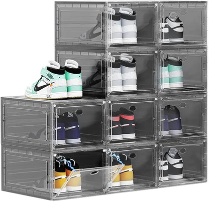 OMOPIN Large Clear Plastic Shoe Boxes Stackable, 10 Pack Drop Front Shoe Storage Box 0rganizer, Sneaker Storage Shoe Containers Display Case for Size 12 (Ash 10pack)