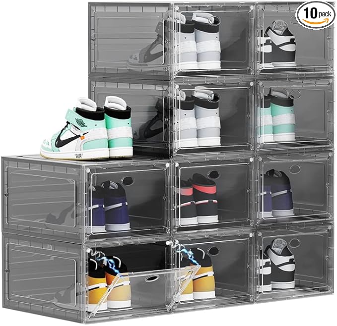 OMOPIN Large Clear Plastic Shoe Boxes Stackable, 10 Pack Drop Front Shoe Storage Box 0rganizer, Sneaker Storage Shoe Containers Display Case for Size 12 (Ash 10pack)