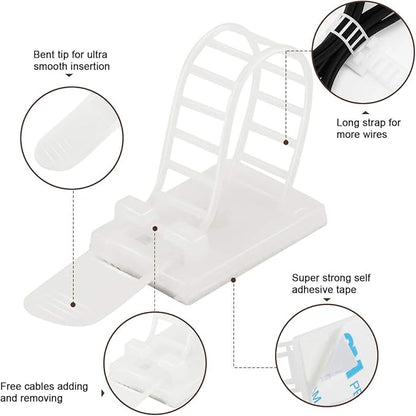 50Pcs Adhesive Cable Management Clips with 50Pcs Zip Ties, Adjustable Nylon Cable Strap Ties Wire Clips Clamps Organizer, Extra Screw & Hole - 3.55 Inch White