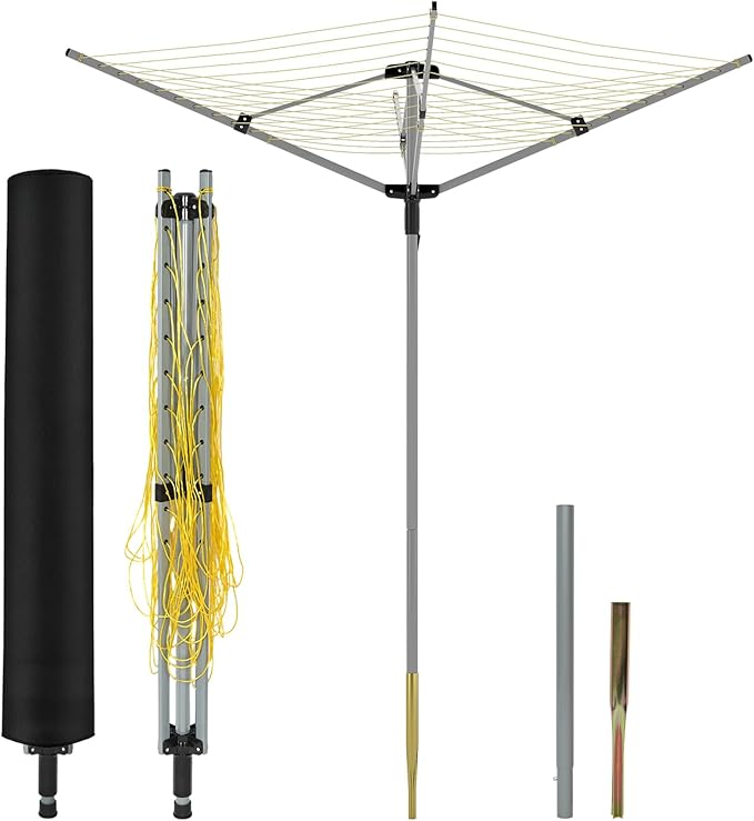 tonchean 165 Feet Outdoor Umbrella Drying Rack, 4-arm Rotary Umbrella Clothesline for Laundry Adjustable Height Rotary Dryer Collapsible Clothes Drying Rack with 12-Lines