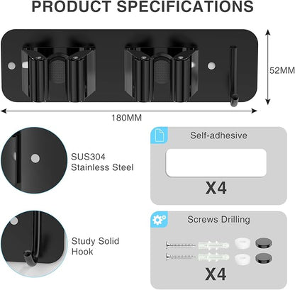 Wall Mount Mop and Broom Holder, Heavy Duty Stainless Steel Organizer Rack with Hooks | 4-Pack, 2-in-1 No Drill & Screw Installation, Black
