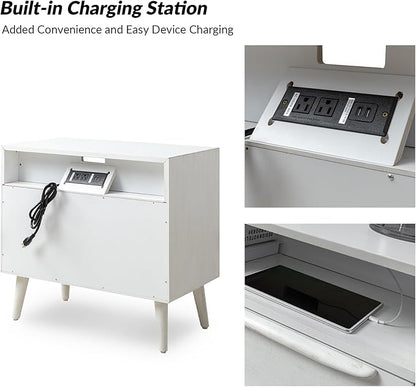 HULALA HOME End Table with Charging Station, Mid-Century Modern 2 Drawer and Open Shelf, Fluted End Table（White, Set of 2）