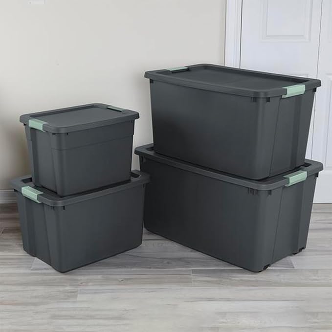 Sterilite 18 Pack Latch Tote, Stackable Plastic Storage Container, 12 Gallon, Gray/Green