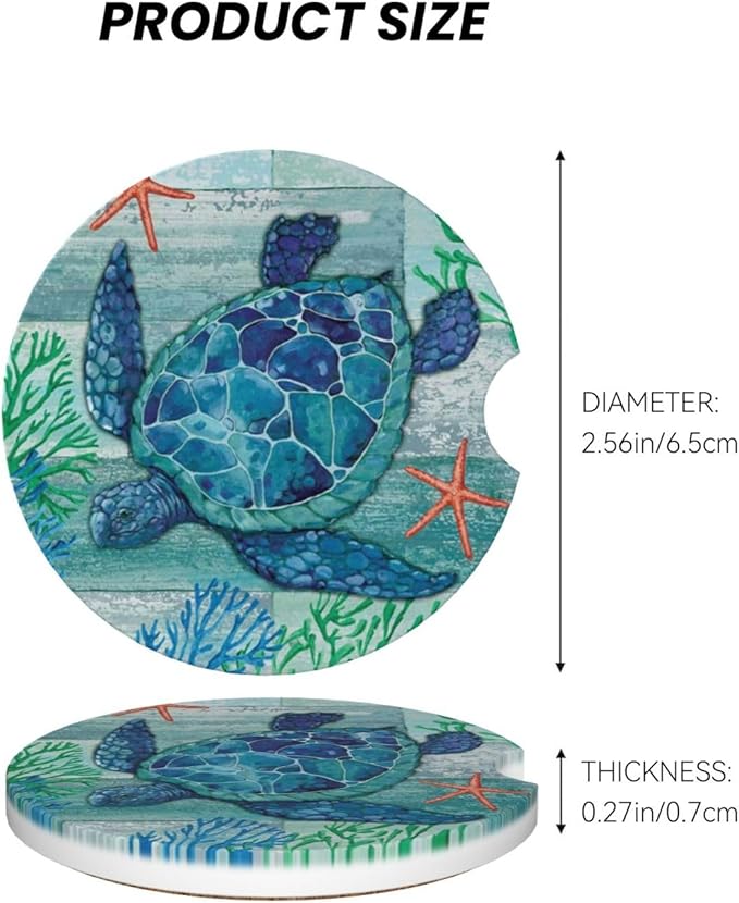 Sea Turtle Car Cup Holder Coaster 2 Pack Absorbent Ceramic Car Coasters for Cup Holders Car Accessories Interior for Women Men Universal Anti Slip Cork Base Cup Coasters with Finger Notch