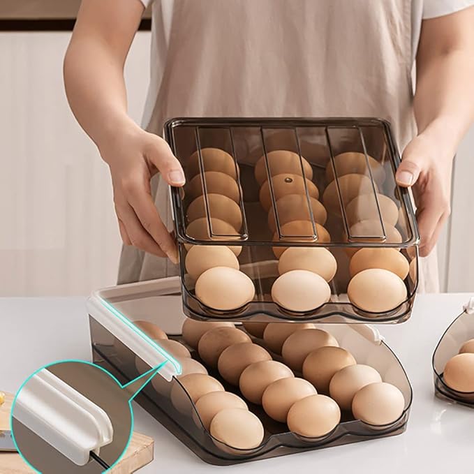 OnDisplay Stackable Acrylic Gravity Egg Tray Holder for Fridge - Food-Safe PET Refrigerator Storage Bin for Eggs (Brown, Set of 3 Trays)