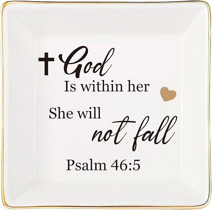 JOYIMARR Religious Gifts for Women Christian-Ceramic Ring Dish -God is Within Her She Will Not Fall, Christian Gifts for Mom Sister Aunt
