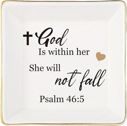 JOYIMARR Religious Gifts for Women Christian-Ceramic Ring Dish -God is Within Her She Will Not Fall, Christian Gifts for Mom Sister Aunt