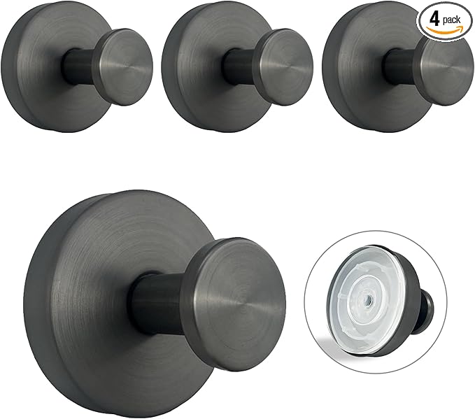 Welsa Suction Cup Hooks for Shower - 4 Pack, Gray - Stainless Steel, Strong Suction, No Drill, Removable Hanger, Tile Bathroom Kitchen Wall, Glass Door, Mirror Hook Hanging Robe, Towel Holder