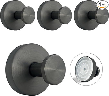 Welsa Suction Cup Hooks for Shower - 4 Pack, Gray - Stainless Steel, Strong Suction, No Drill, Removable Hanger, Tile Bathroom Kitchen Wall, Glass Door, Mirror Hook Hanging Robe, Towel Holder