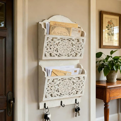 Rustic Key and Mail Holder for Wall Home Decorative,2-Slot Mail Organizer Wall Mount with 3 Hooks, Wooden Key Hangers Wall File Organizer Letter Sorter for Letter Magazines（White）